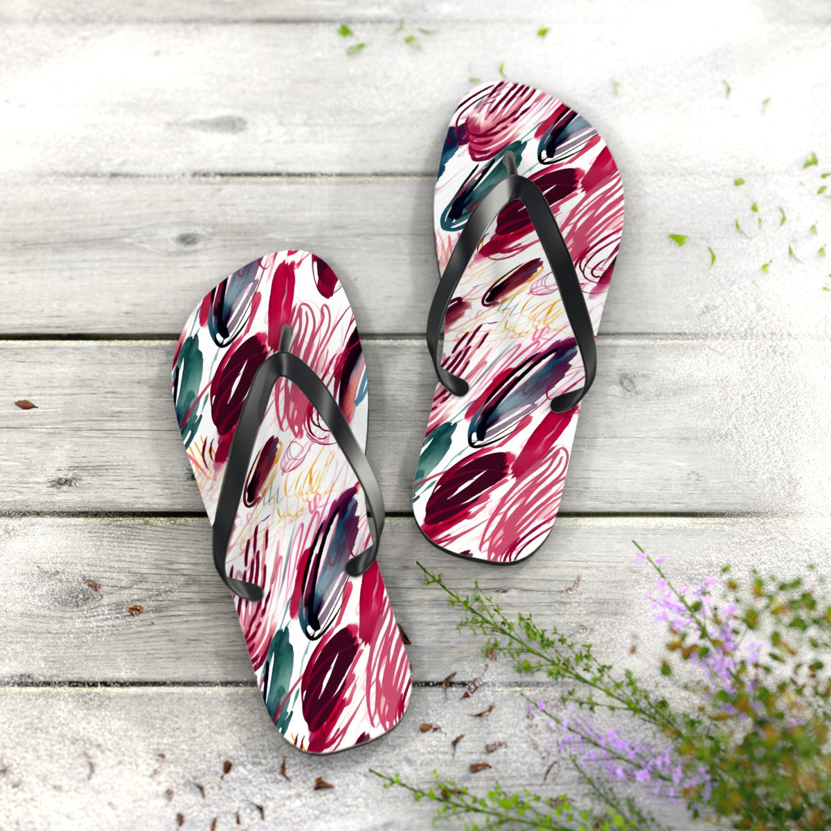 Abstract Crimson & Teal Painterly Stroke Flip Flops — Artist-Energy Summer Sandals