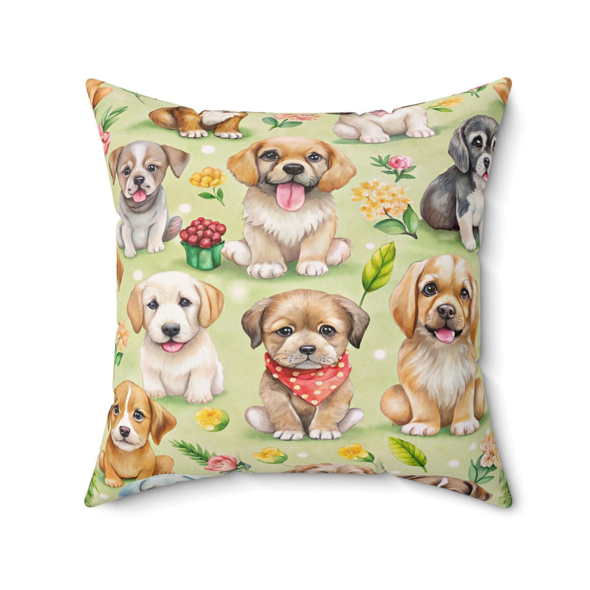 Playful Puppies & Floral Garden Faux Suede Square Pillow | Dog Lover Accent Cushion