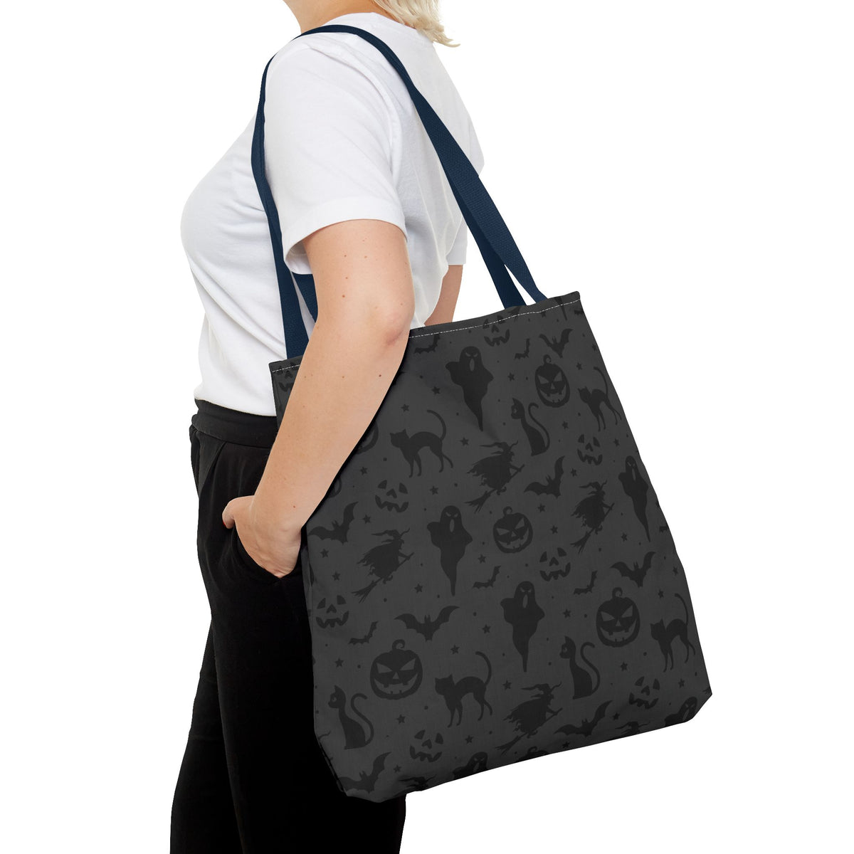 Midnight Spooky Halloween Pattern Tote Bag | Moody Dark Grey Shopper