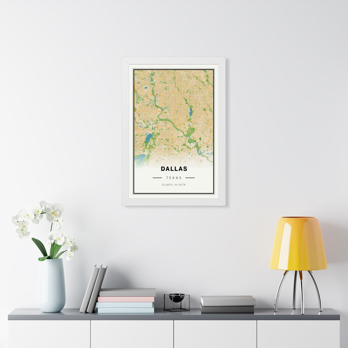 Framed Dallas Map Poster - Vertical City Map Print with Coordinates