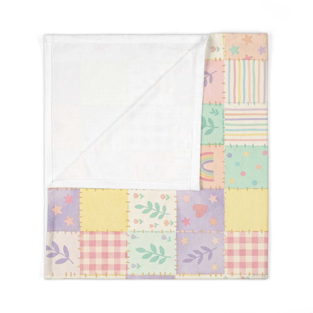 Pastel Patchwork Baby Swaddle Blanket – Soft Newborn Wrap with Hearts & Rainbows
