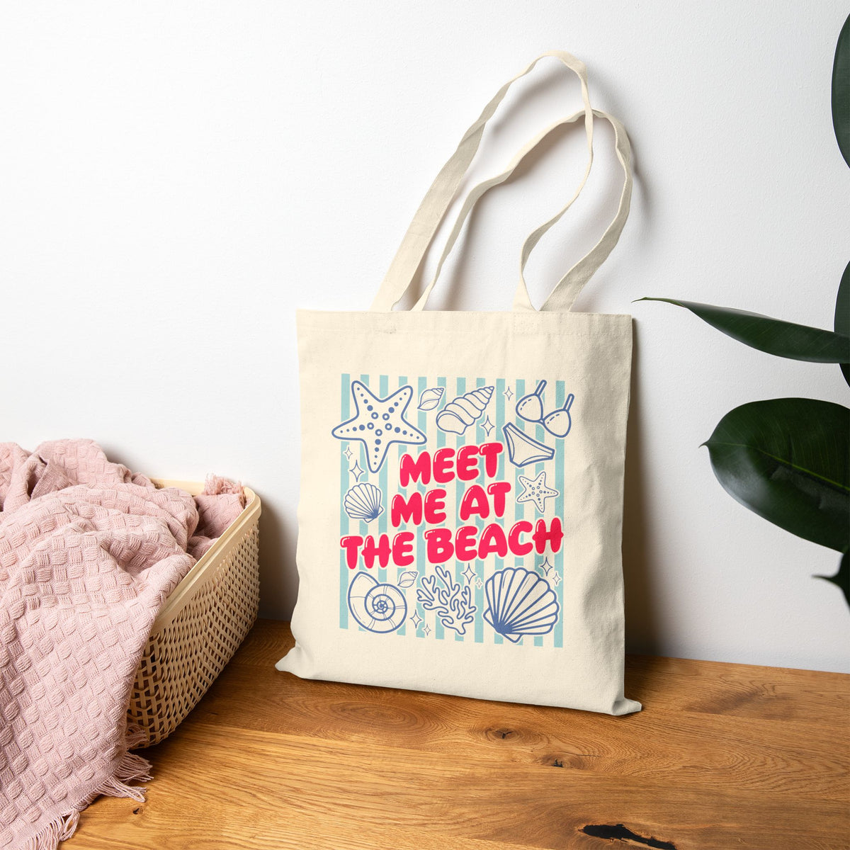 Meet Me At The Beach Coastal Seashells & Stripes Cotton Canvas Tote Bag