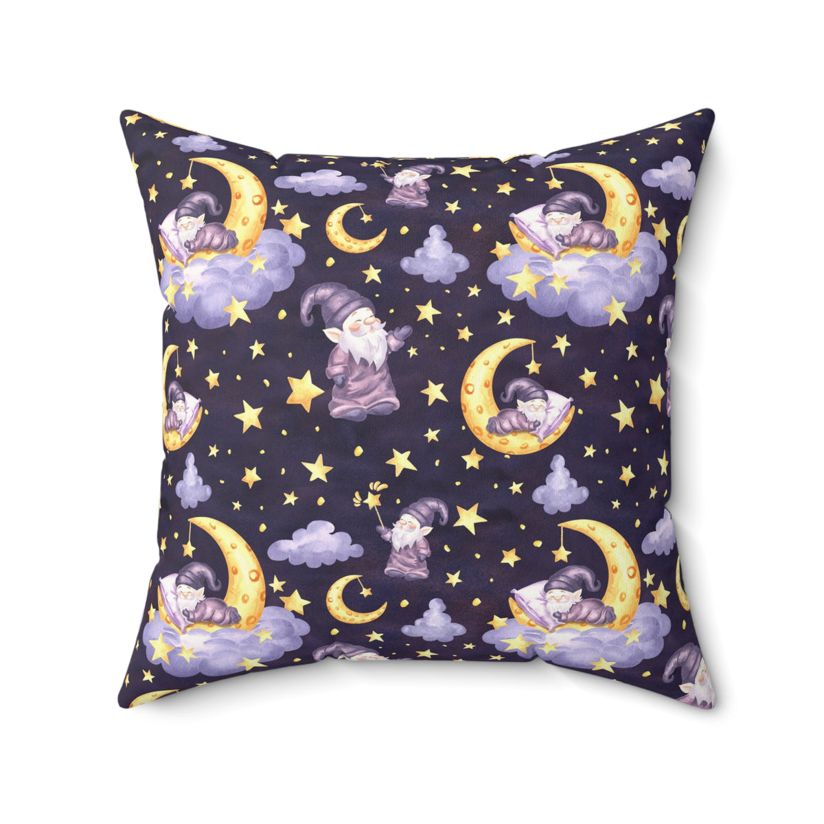 Sleepy Gnomes & Celestial Moon Faux Suede Square Pillow | Whimsical Nursery & Bedroom Accent Cushion