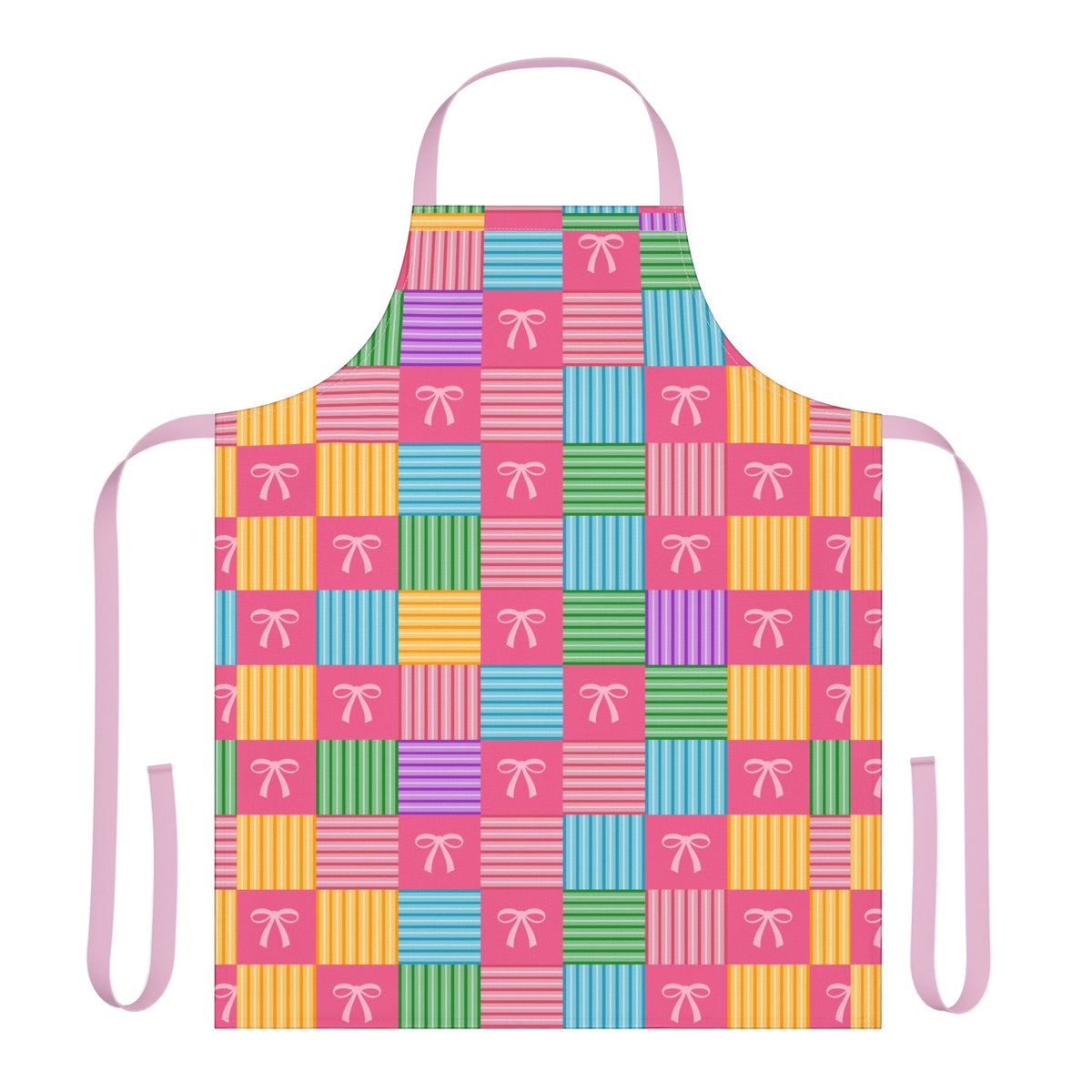 Vibrant Pink Ribbon Bow Patchwork All-Over Print Apron | Bright Coquette Kitchen Gift