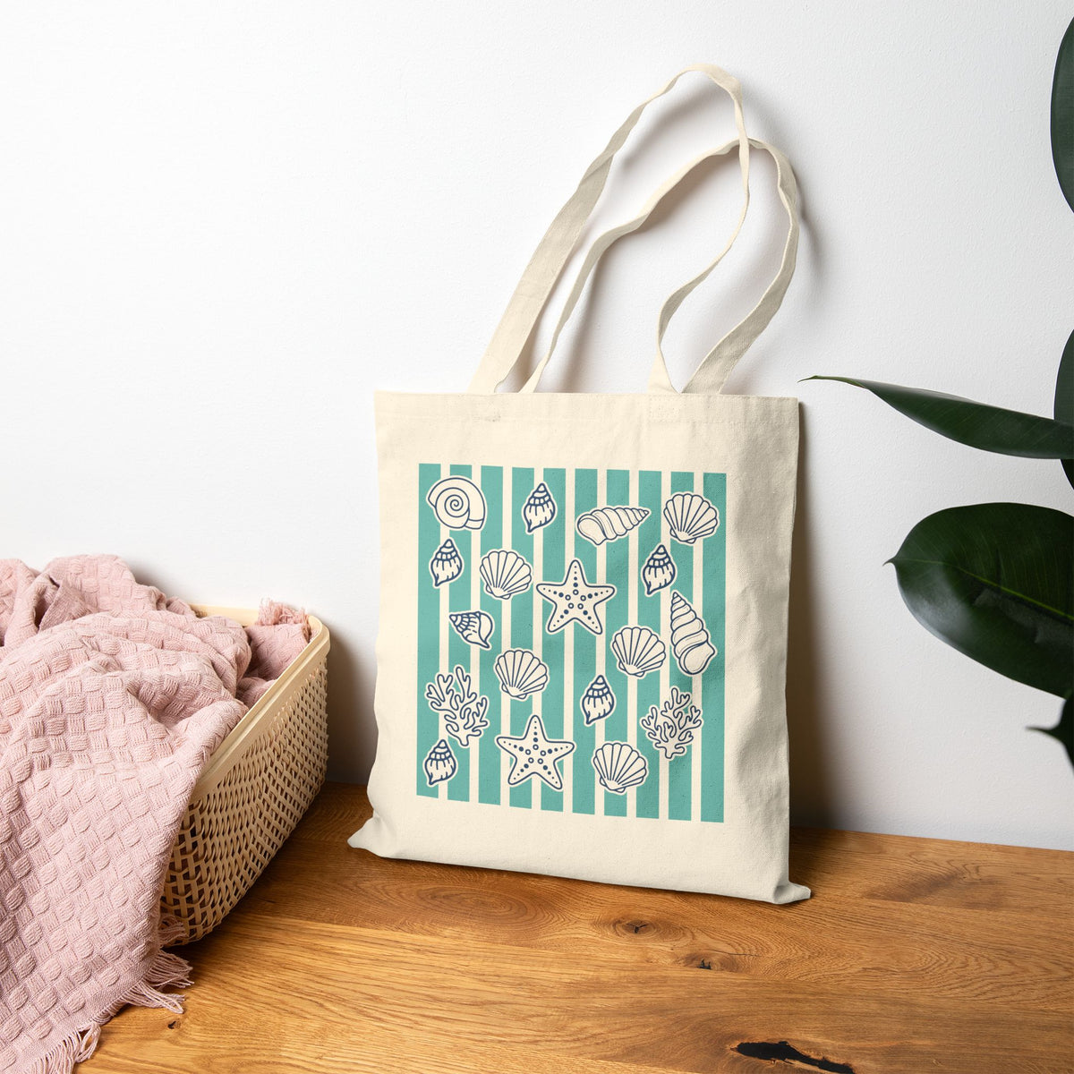 Coastal Seashells & Turquoise Stripes Cotton Canvas Tote Bag