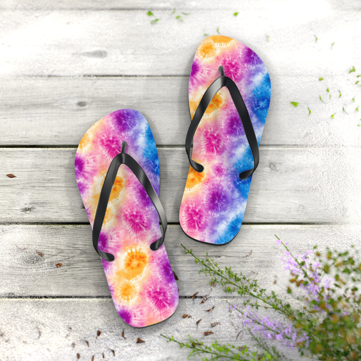 Vibrant Tie-Dye Swirl Flip Flops — Festival Boho Summer Sandals