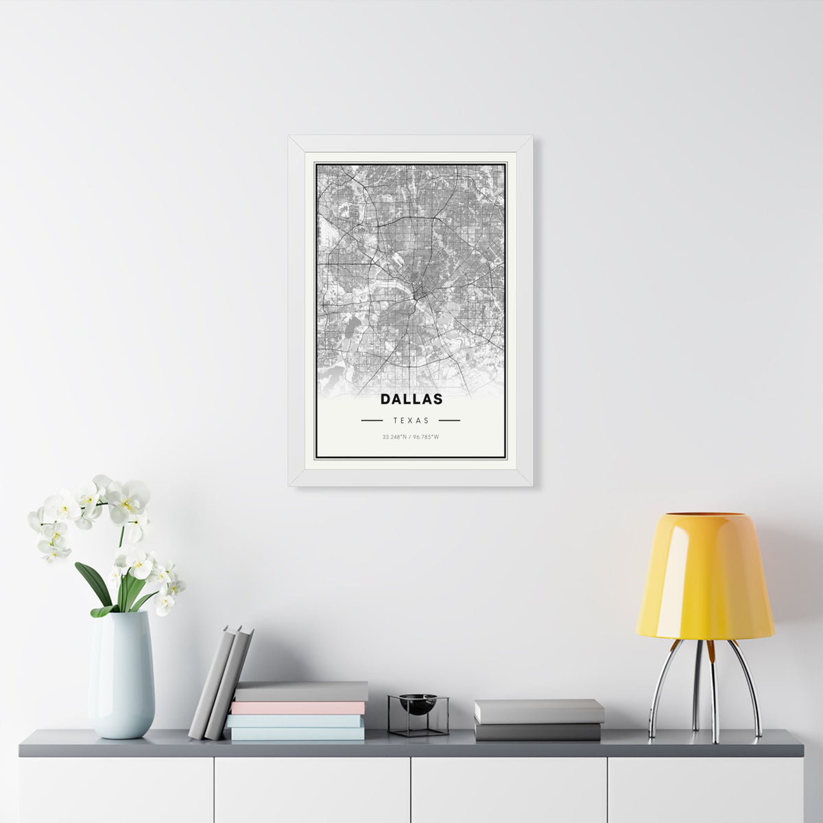 Dallas Texas Monochrome City Map Poster - Framed Wall Art