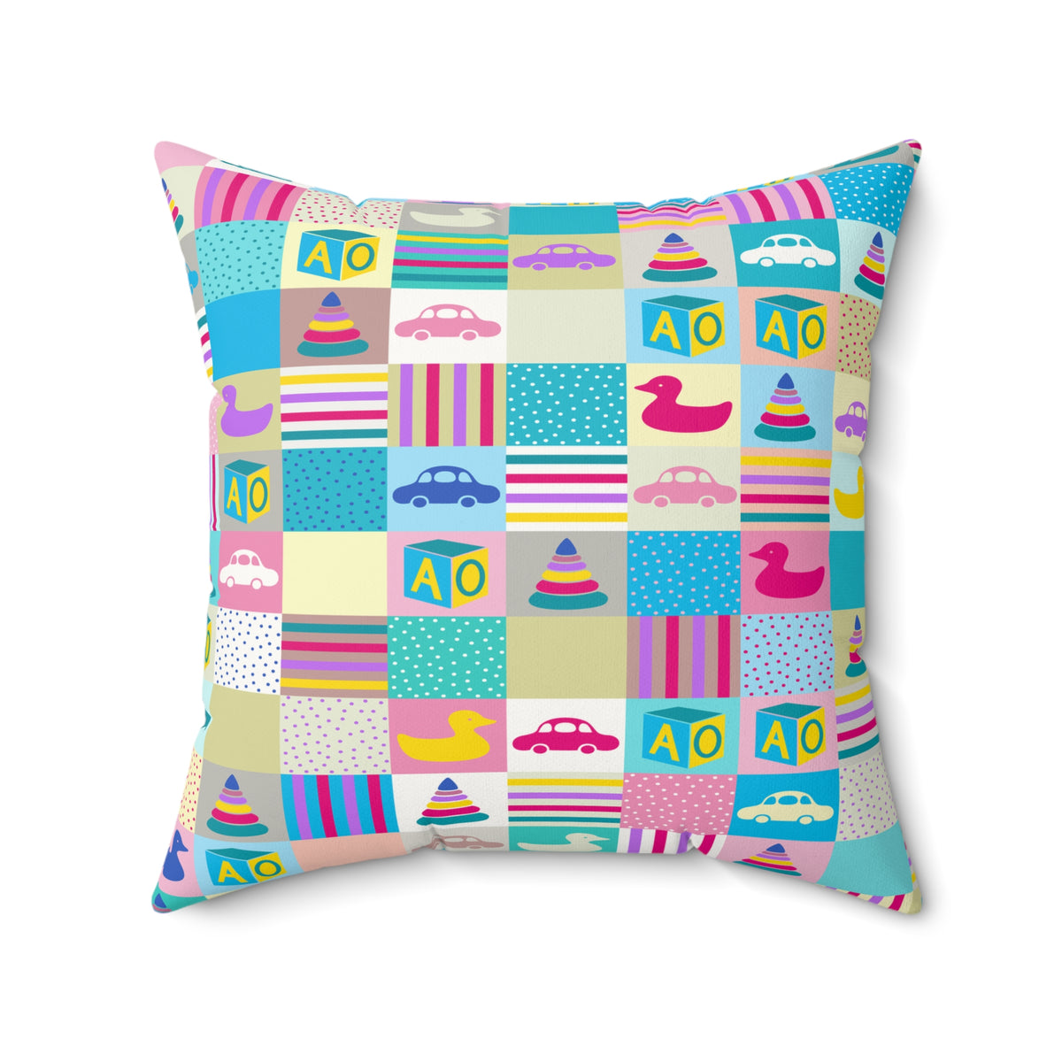 Baby Playtime Toy Pattern Faux Suede Square Pillow | Cute Nursery & Kids Room Decor