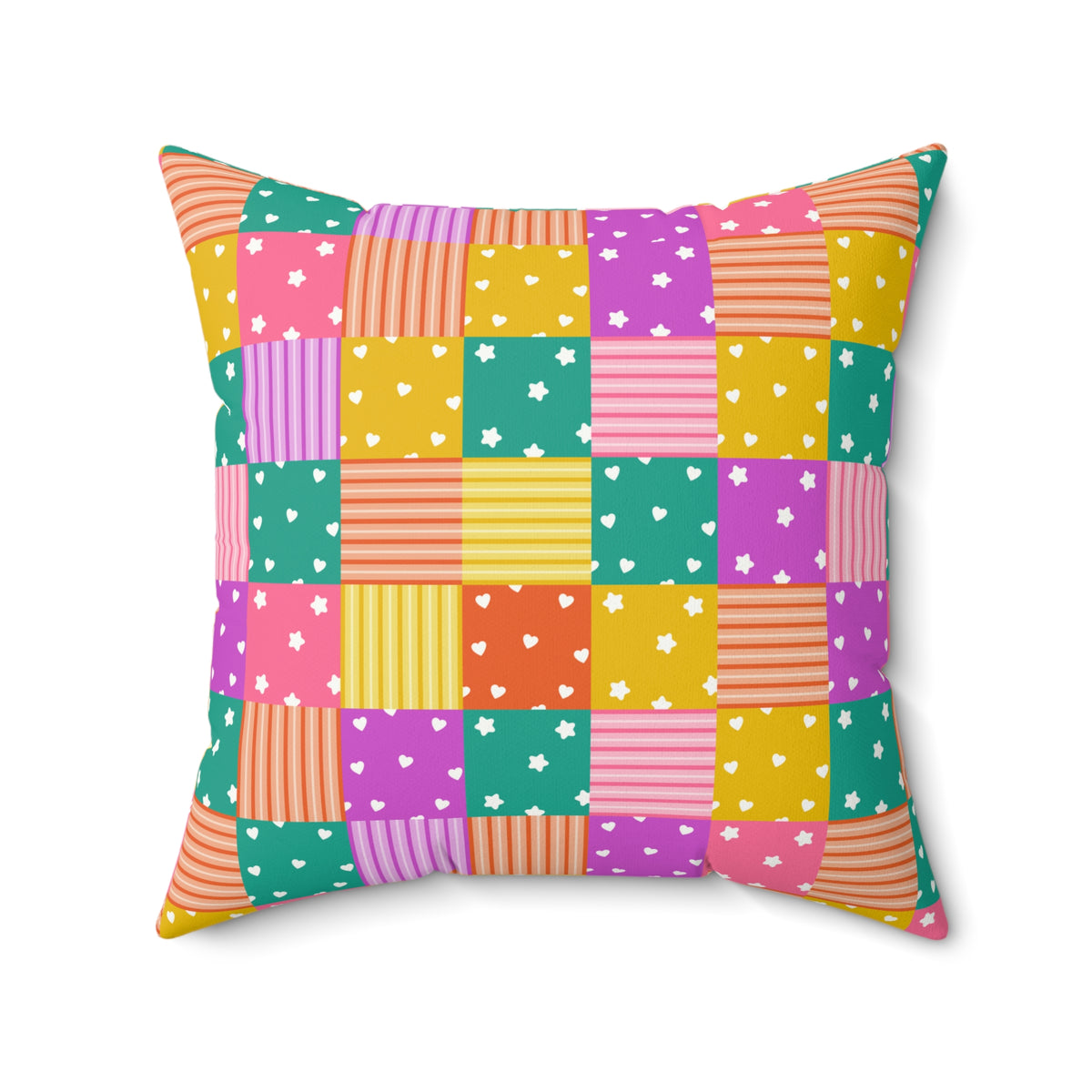 Colorful Polka Dot & Striped Patchwork Faux Suede Square Pillow | Whimsical Playroom Accent Cushion