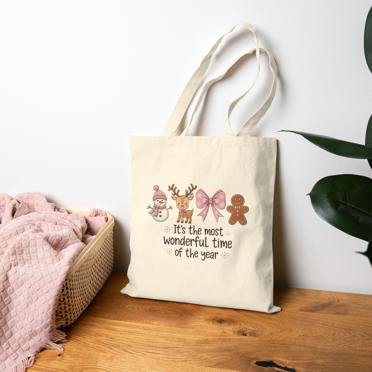 "It's The Most Wonderful Time Of The Year" Pink Holiday Icons Cotton Canvas Tote Bag