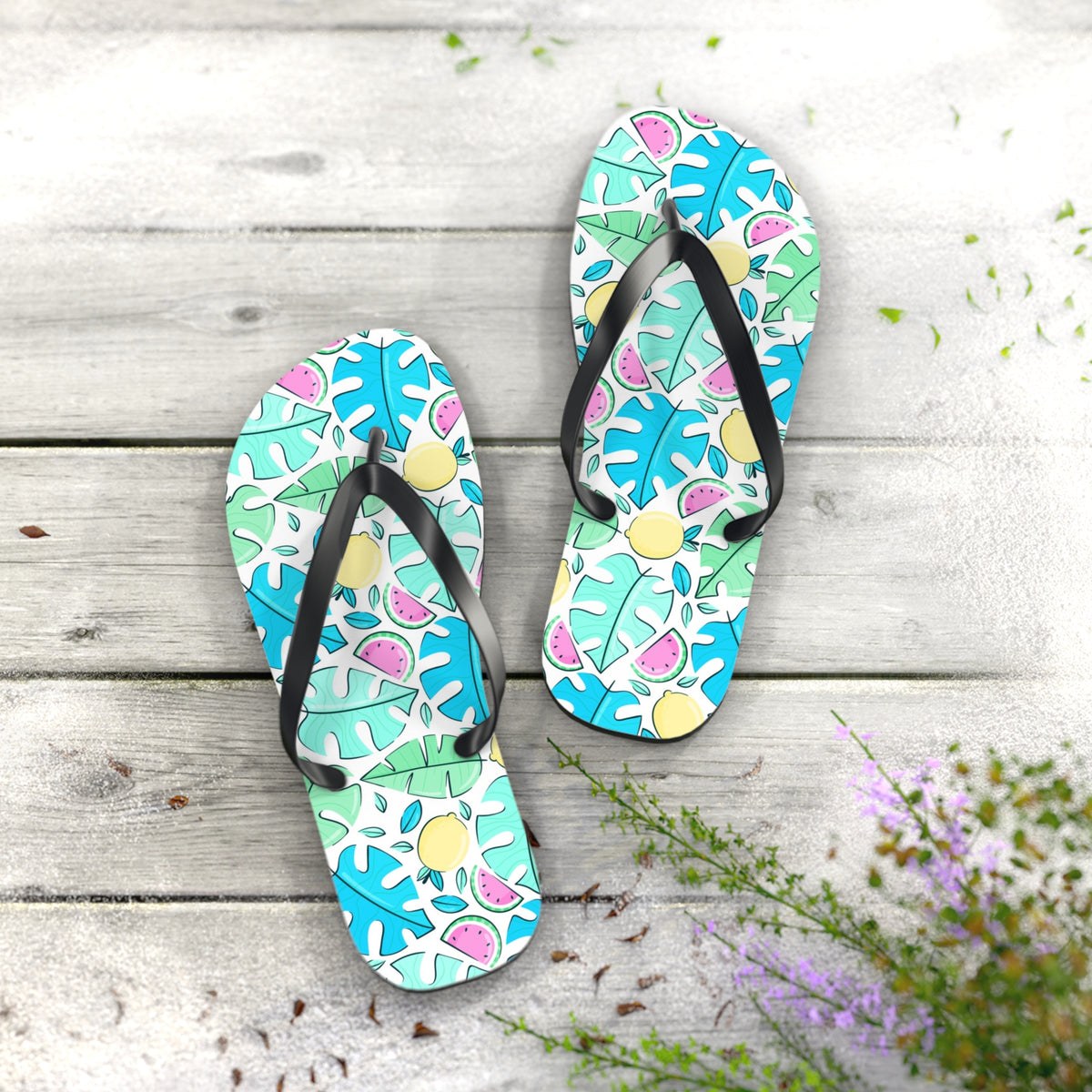 Tropical Watermelon & Lemon Summer Flip Flops — Playful Fruit & Leaf Sandals