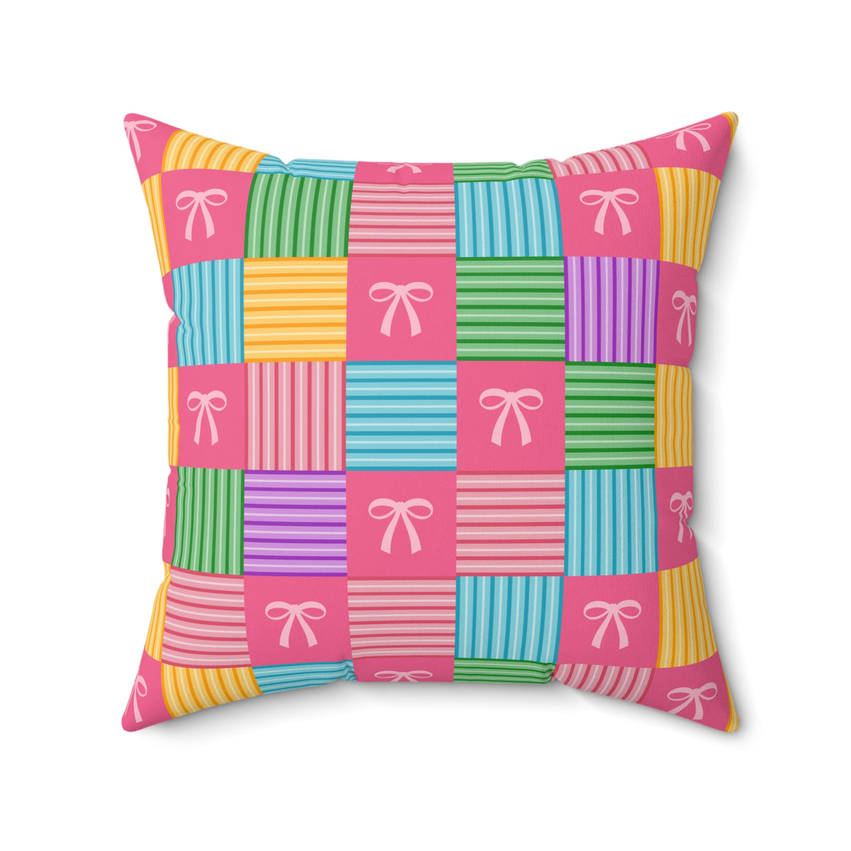 Sweet Bows & Pastels Patchwork Faux Suede Square Pillow | Coquette Aesthetic Accent Cushion