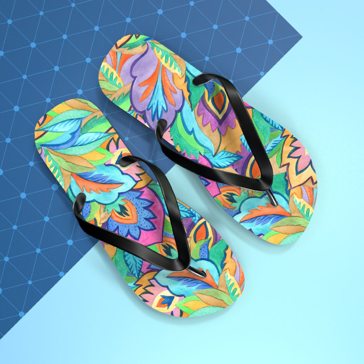 Boho Tropical Leaves Watercolor Flip Flops — Vibrant Artistic Summer Sandals