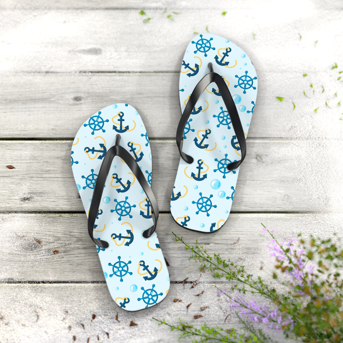 Nautical Anchors & Ships Wheels Flip Flops — Maritime Summer Beach Sandals