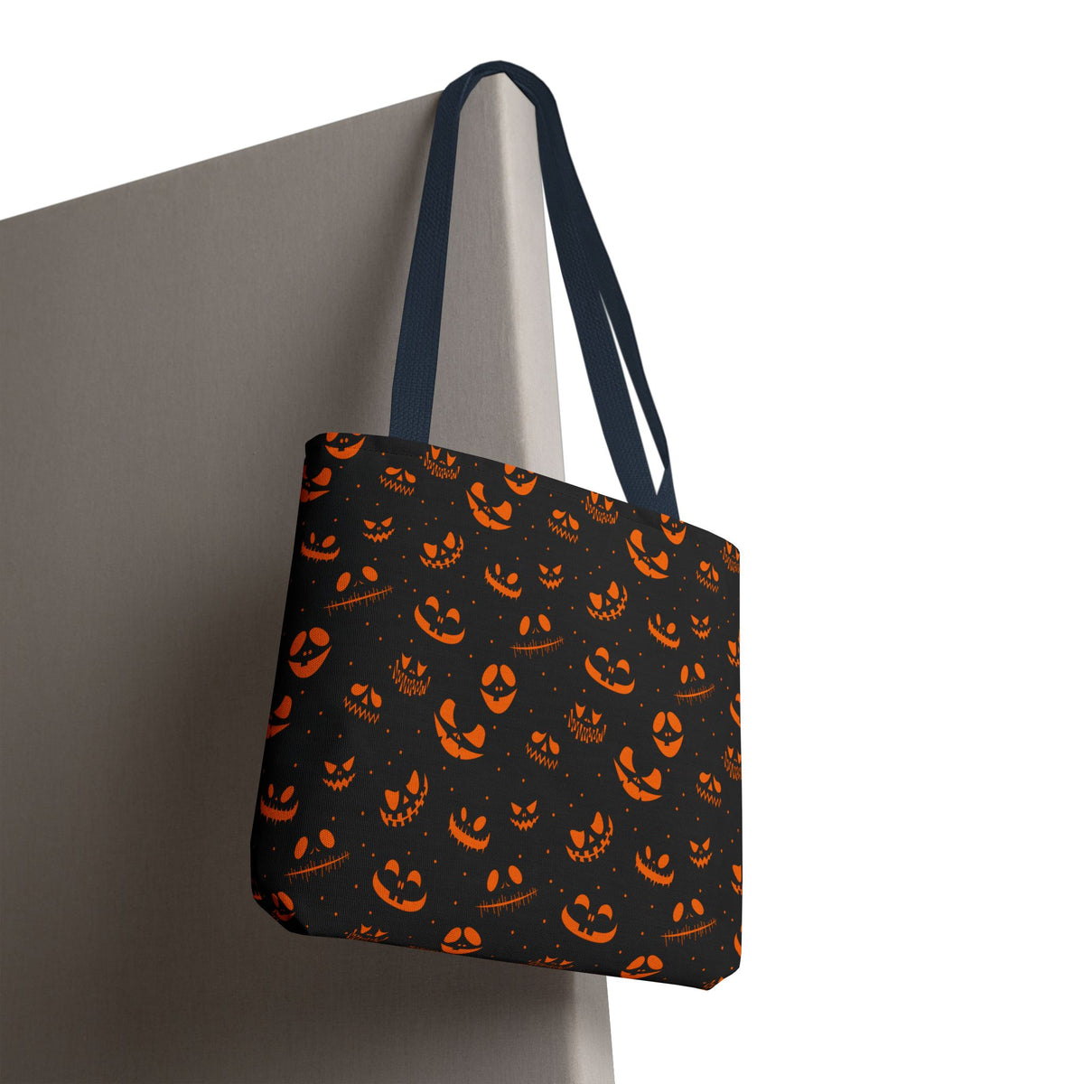 Spooky Jack-O'-Lantern Faces Pattern Tote Bag | Neon Orange & Black Halloween Shopper