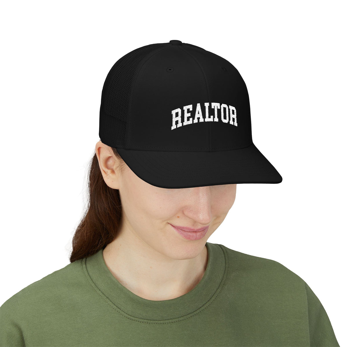 Realtor Snapback Trucker Hat | Arch College Font Real Estate Agent Mesh Baseball Cap