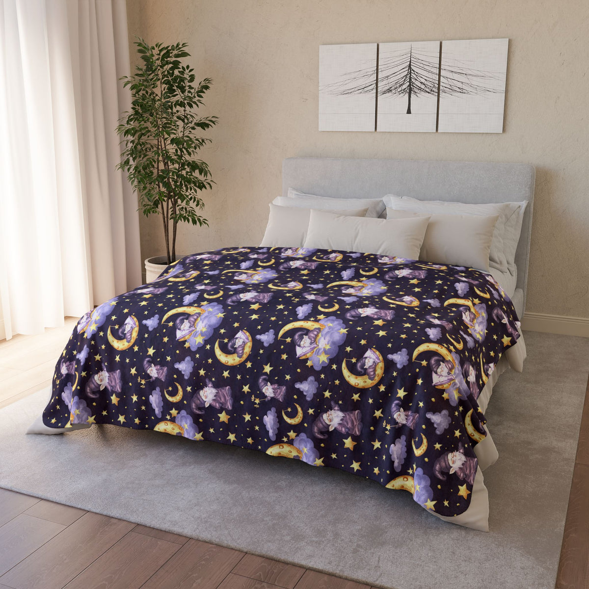 Sleepy Gnomes & Celestial Moon Sherpa Fleece Blanket | Whimsical Nighttime Cozy Throw