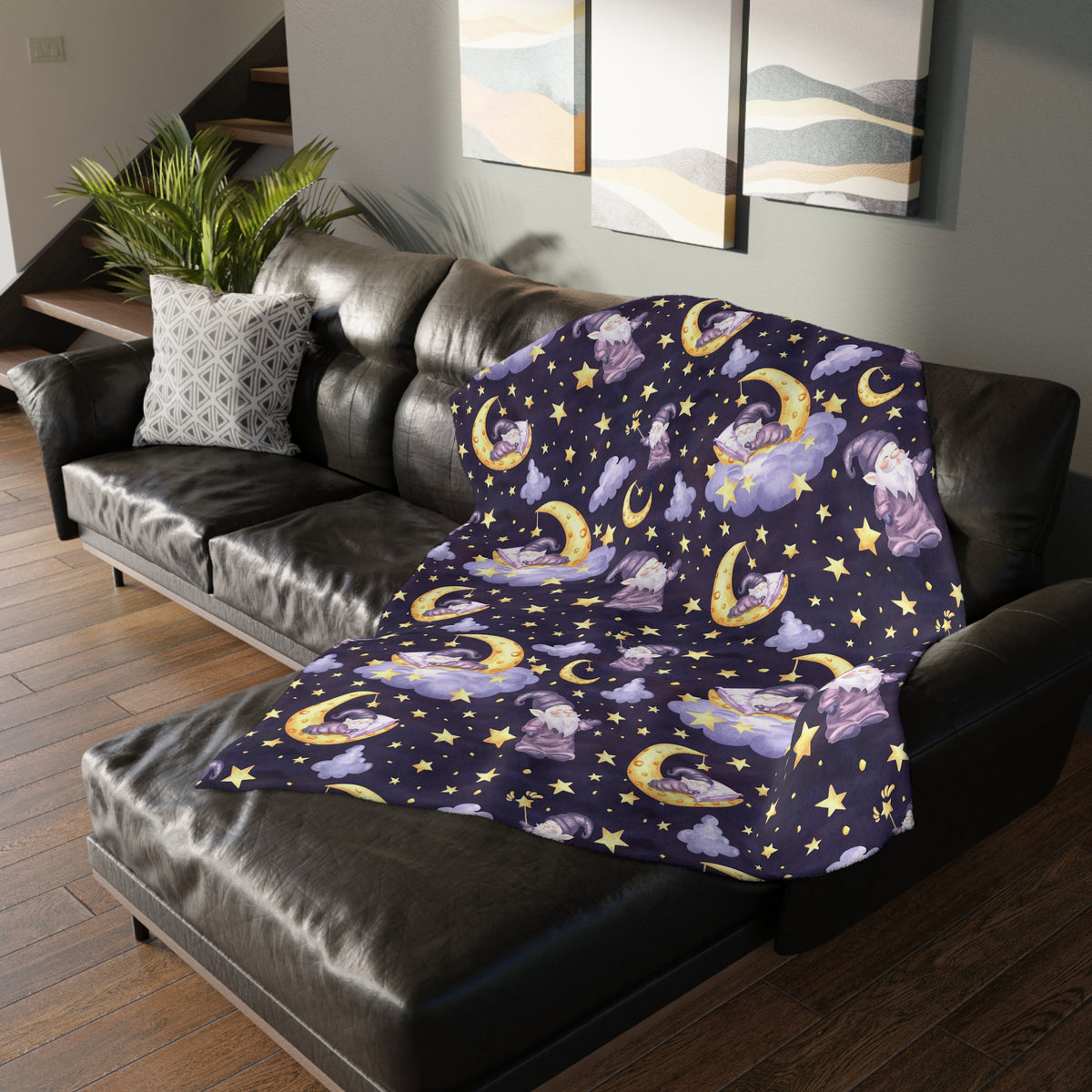 Sleepy Gnomes & Celestial Moon Velveteen Blanket | Whimsical Nighttime Plush Throw (Two-sided print)