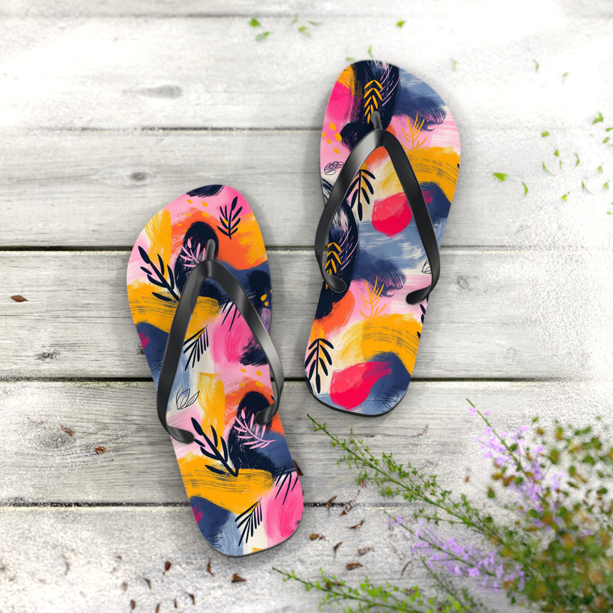 Abstract Color Splash Flip Flops — Artistic Beach Sandals with Bold Brushstroke Print