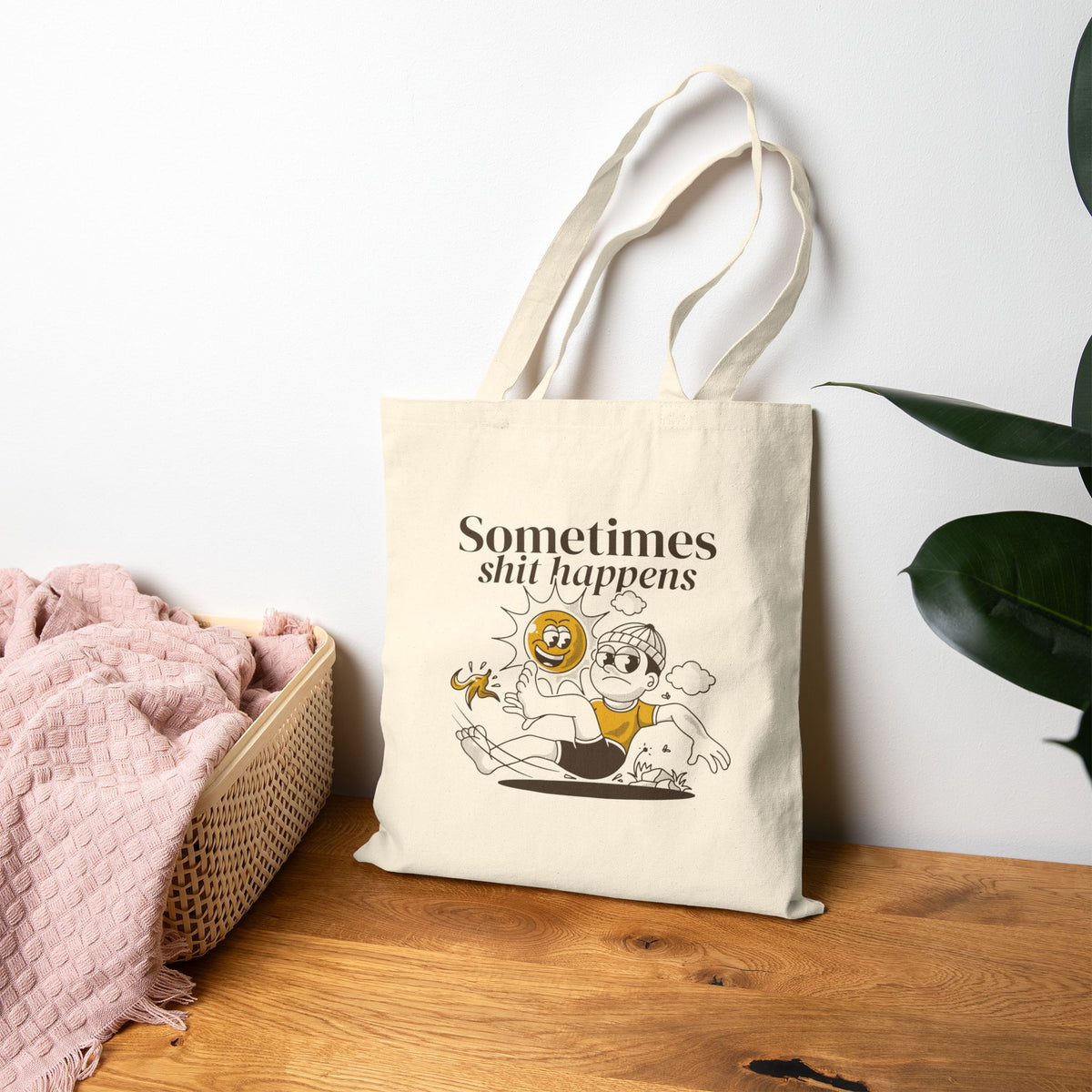 Sometimes Shit Happens Tote Bag — Funny Retro Cartoon Canvas Shopper