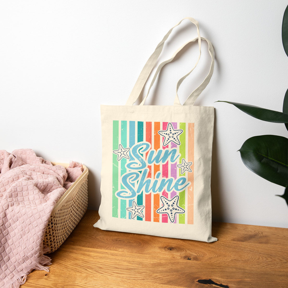 Sun Shine Retro Starfish & Rainbow Stripes Cotton Canvas Tote Bag