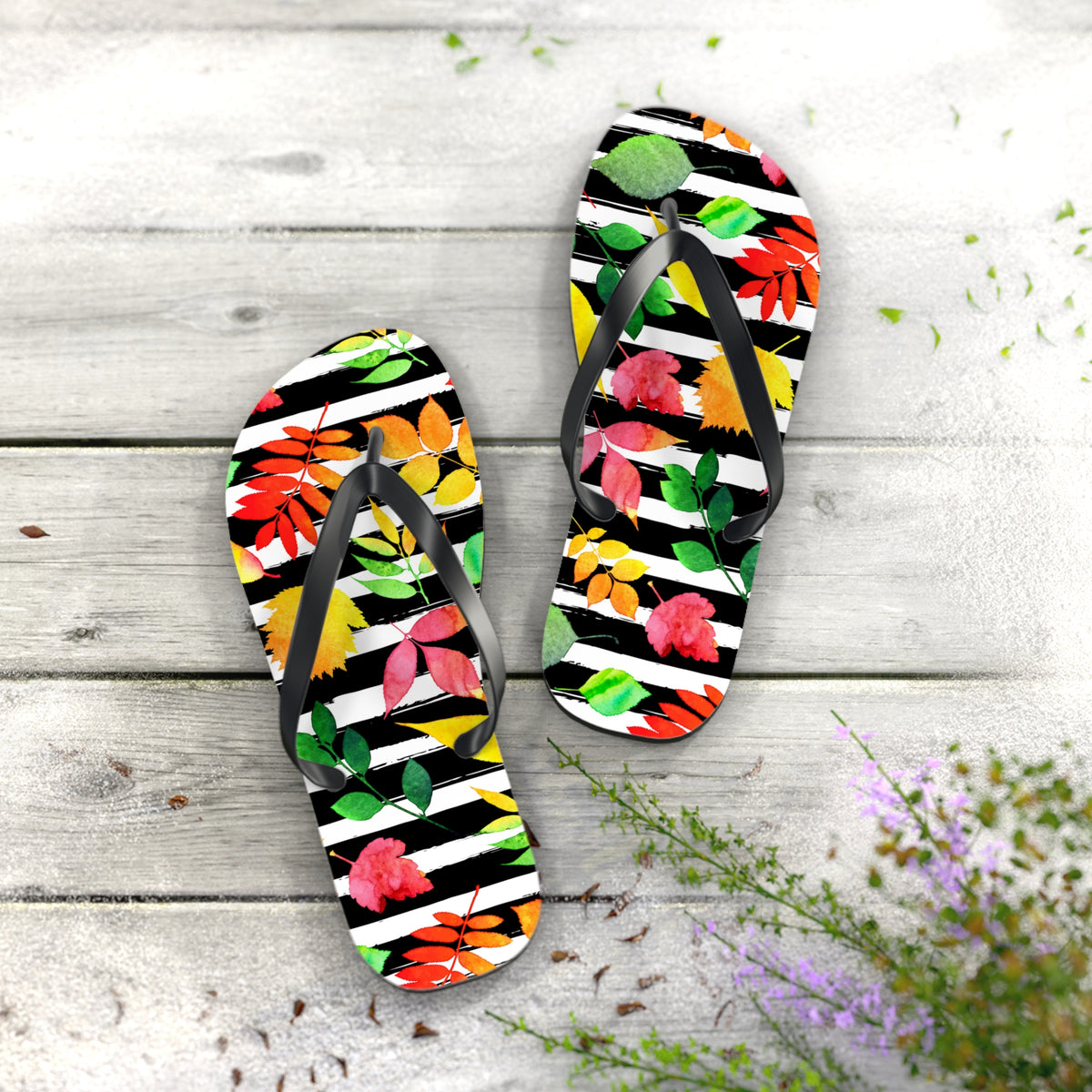 Autumn Leaves on Black Stripes Flip Flops — Fall Sandals