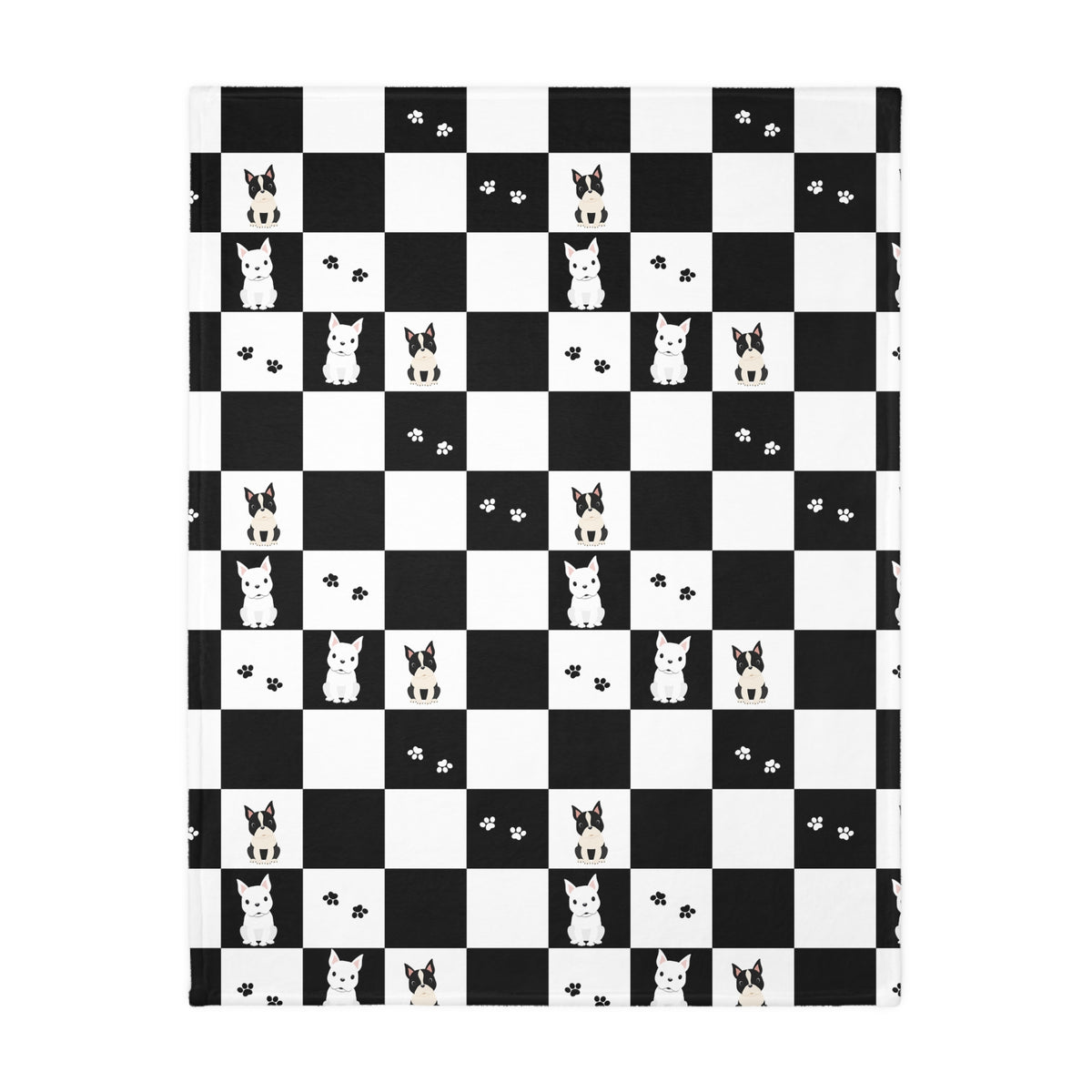 Black & White Checkered French Bulldog Throw Blanket (Two-sided print)