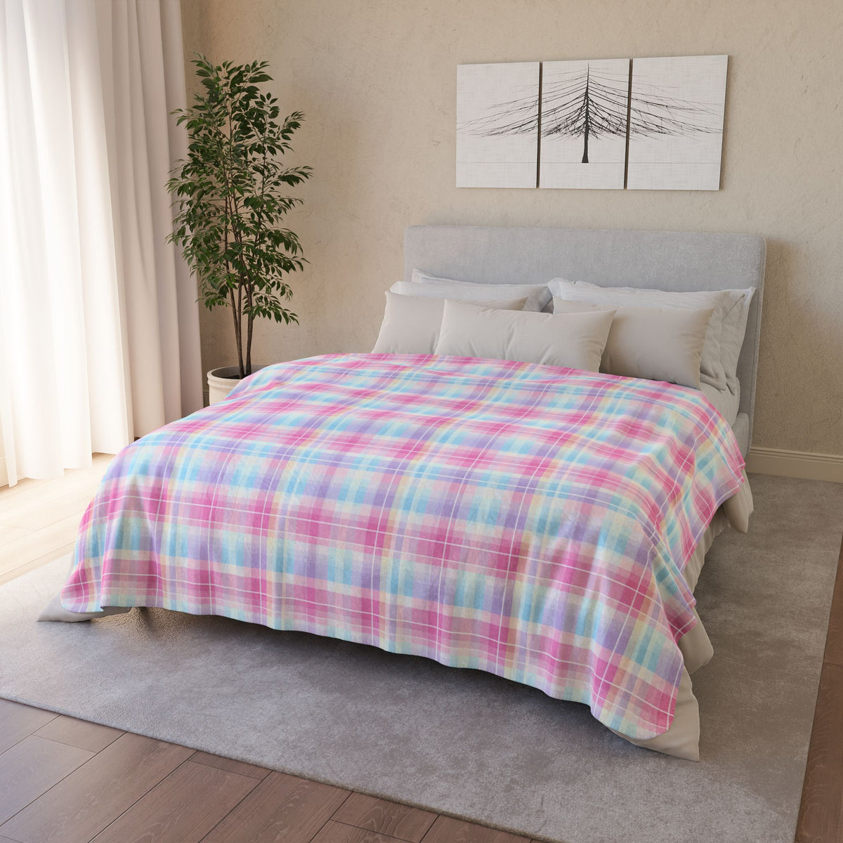 Pastel Plaid Checkered Sherpa Fleece Blanket | Soft Pink & Blue Cozy Throw