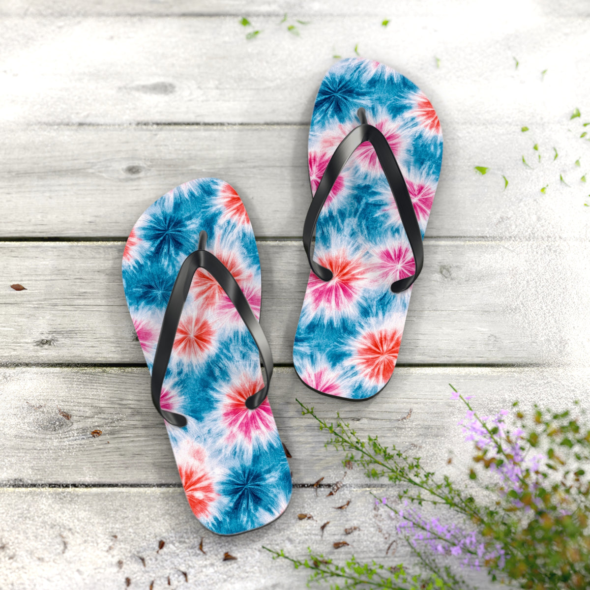 Red, White & Blue Tie-Dye Burst Flip Flops — Patriotic Summer Sandals
