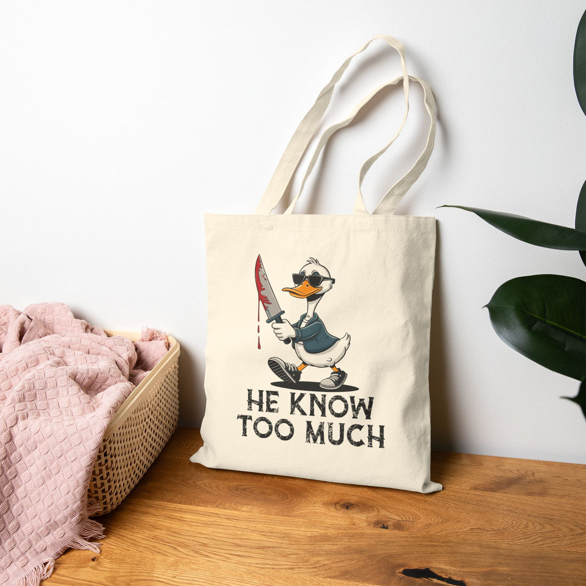 "He Know Too Much" Chaos Duck With Knife Funny Cotton Canvas Tote Bag