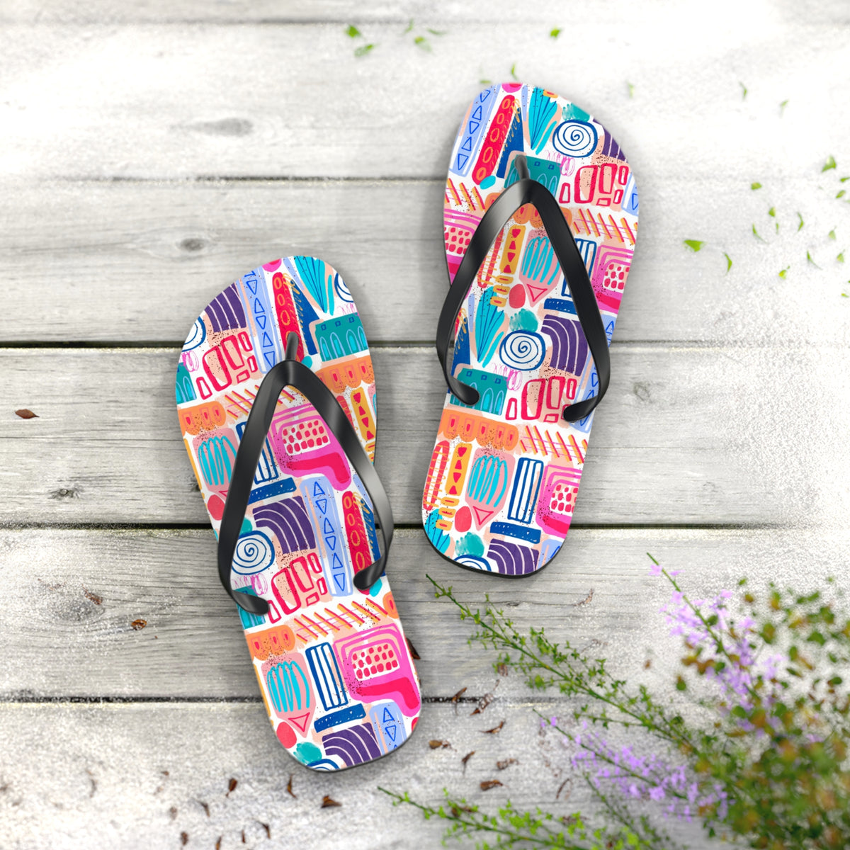 Geometric Abstract Doodle Art Flip Flops — Playful Modern Pattern Summer Sandals