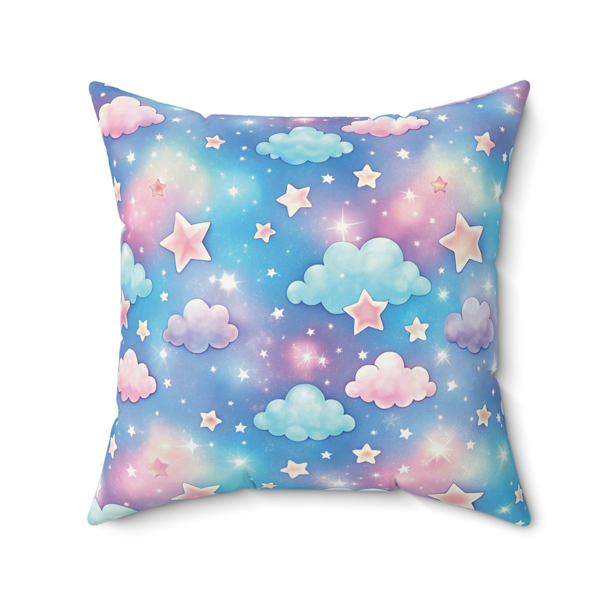 Pastel Dreamscape Clouds & Stars Faux Suede Square Pillow | Whimsical Nursery Accent Cushion