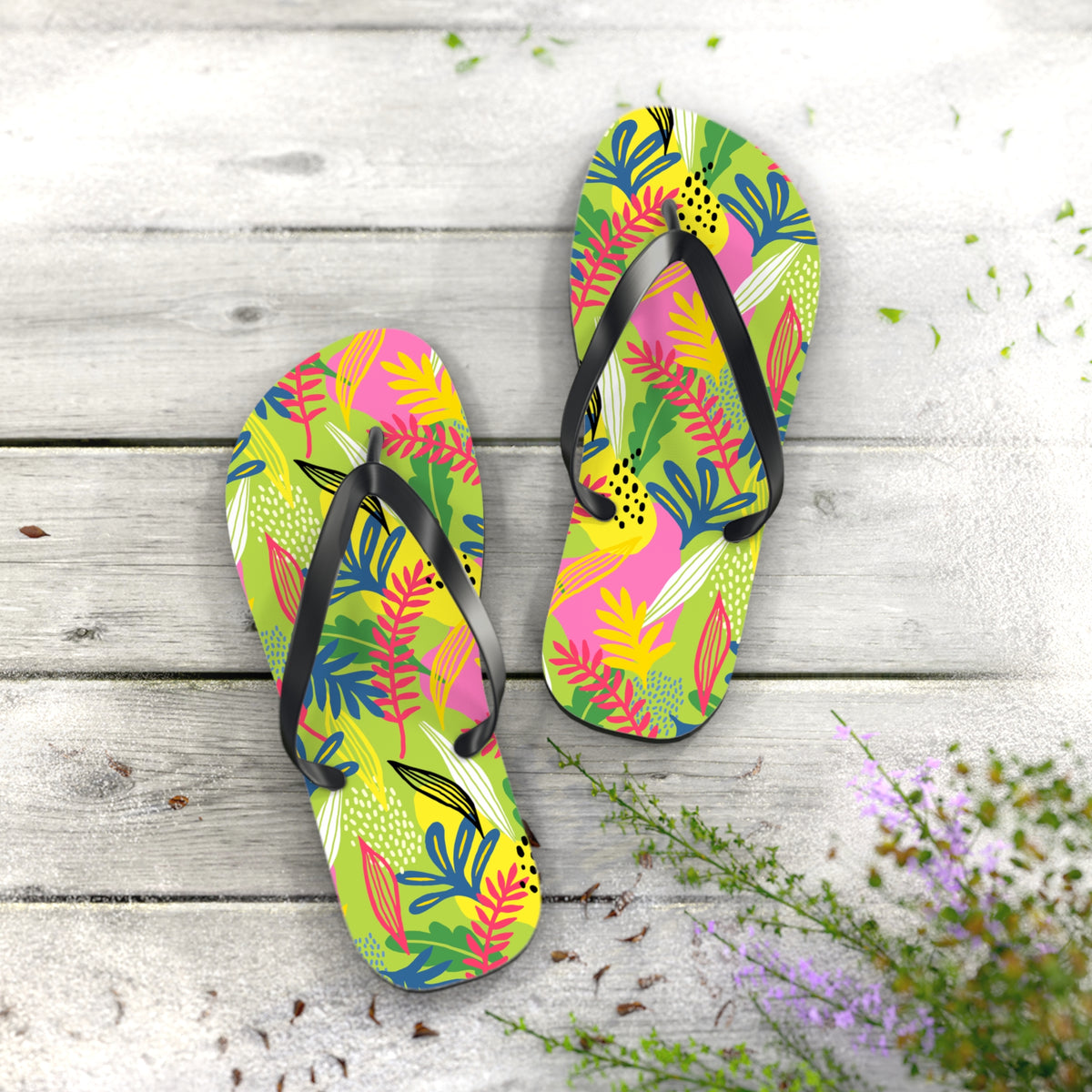 Lime Green Botanical Abstract Flip Flops — Modern Nature Summer Sandals