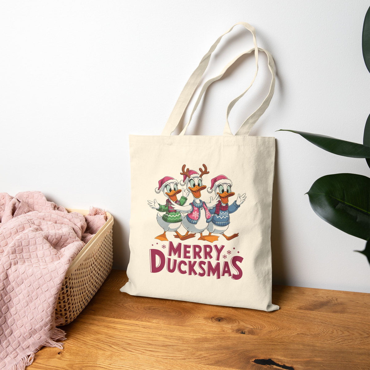 "Merry Ducksmtb" Festive Holiday Trio Ducks Cotton Canvas Tote Bag