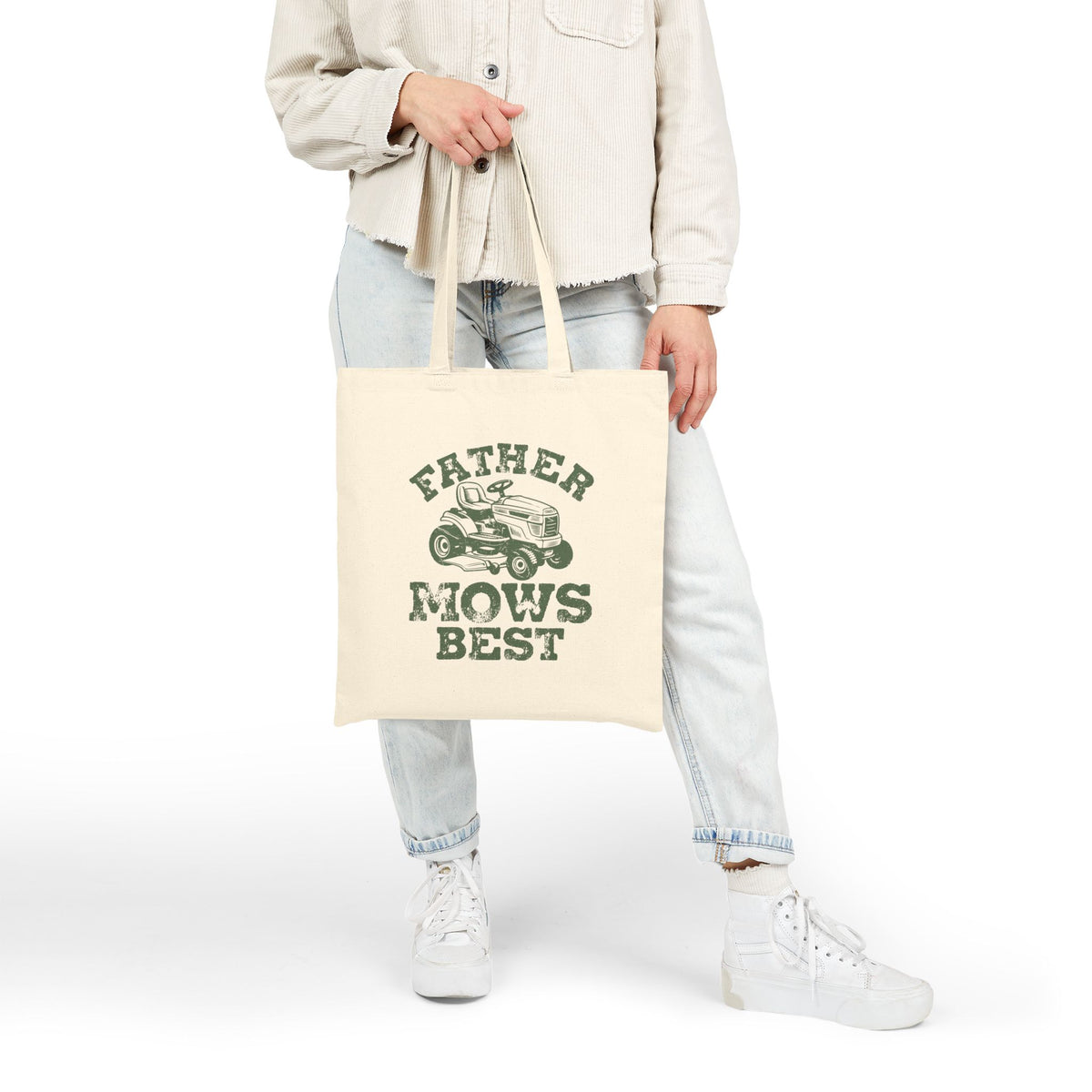 "Father Mows Best" Lawn Mower Funny Father's Day Cotton Canvas Tote Bag