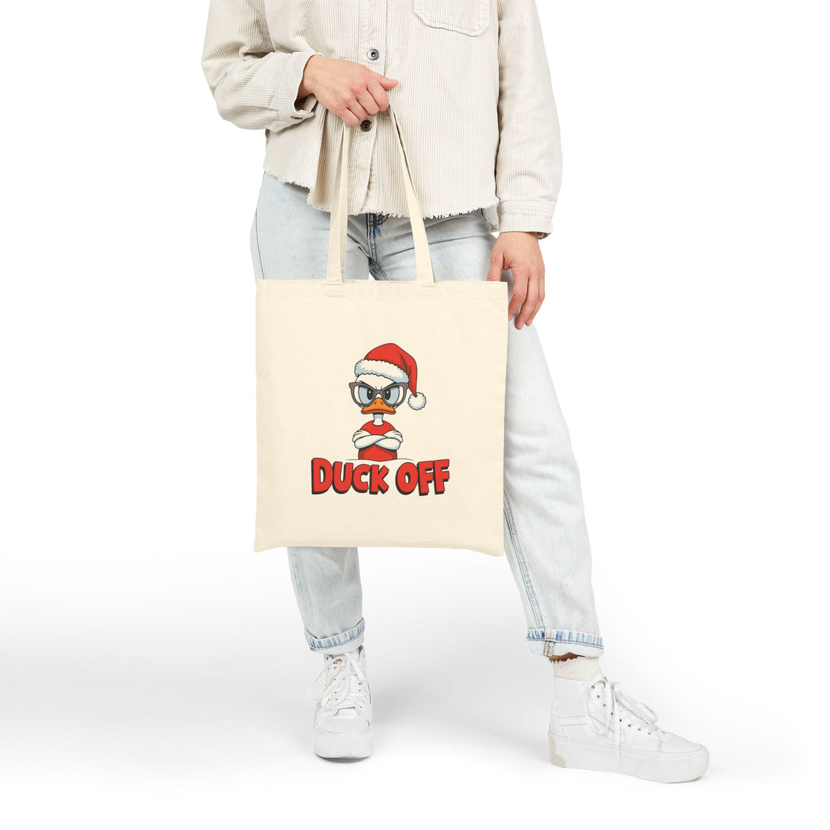 "Duck Off" Grumpy Santa Duck Funny Christmas Cotton Canvas Tote Bag