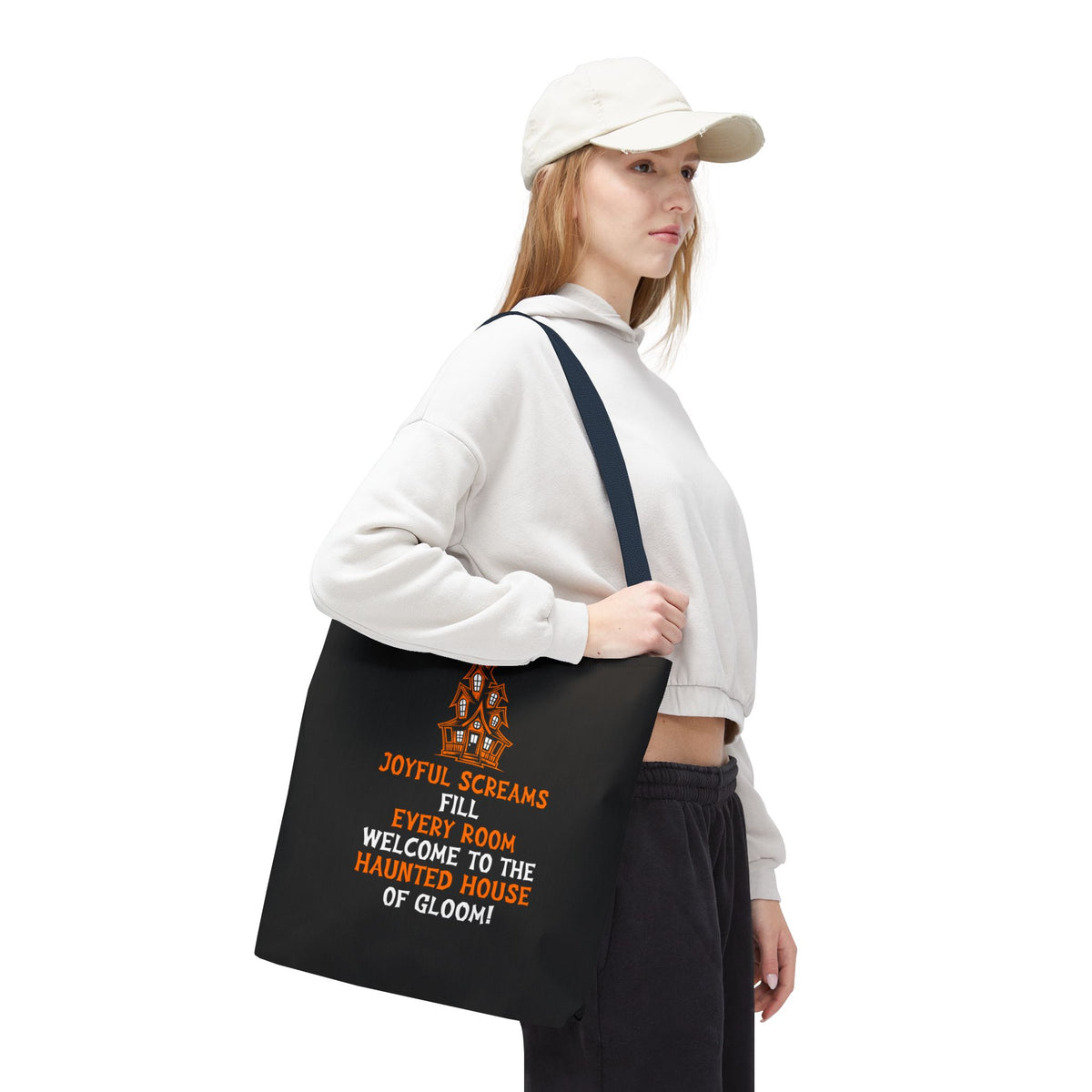 Halloween Haunted House Tote Bag — "Joyful Screams" Trick-or-Treat Reusable Shopper