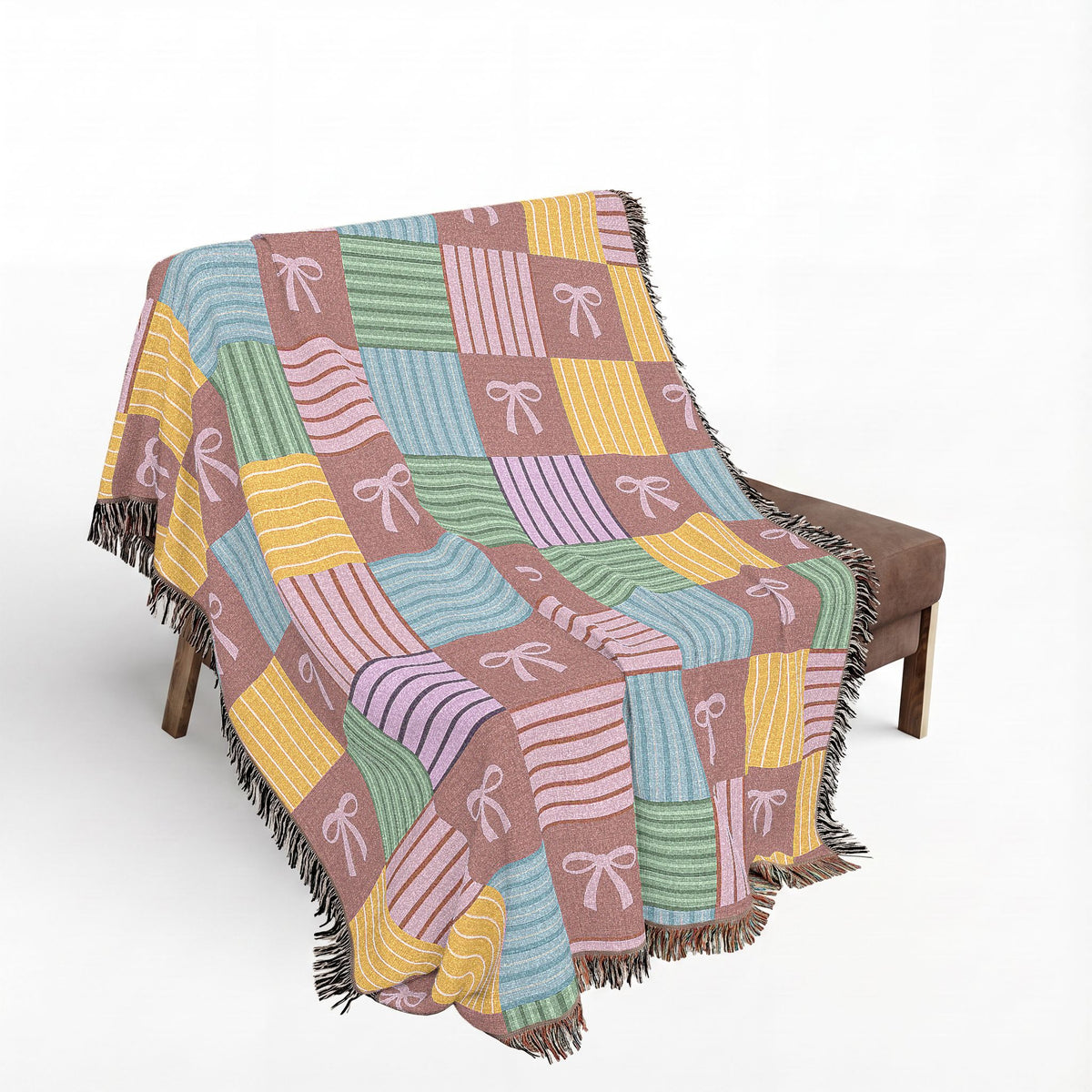Cozy Patchwork & Pink Bows Woven Throw Blanket