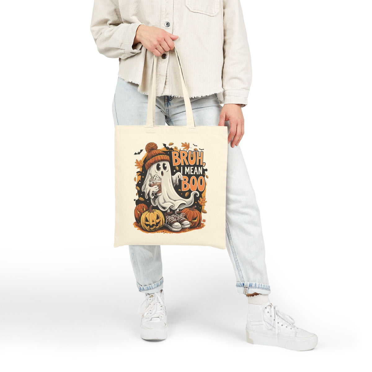 "Bruh, I Mean Boo" Cute Ghost Fall Aesthetic Cotton Canvas Tote Bag