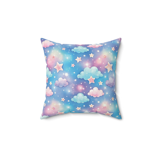 Pastel Dreamscape Clouds & Stars Faux Suede Square Pillow | Whimsical Nursery Accent Cushion