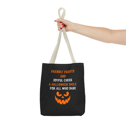 Halloween Jack-O'-Lantern Tote Bag — "Friendly Frights and Joyful Cheer" Trick-or-Treat Reusable Shopper