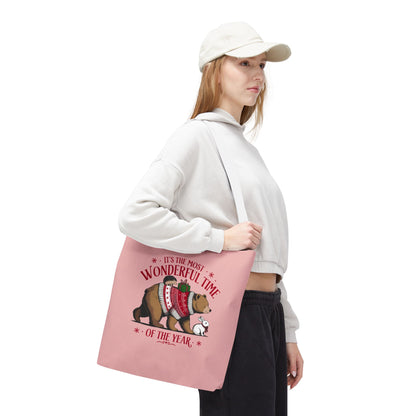 "It's The Most Wonderful Time Of The Year" Woodland Animals Holiday Sweater Polyester Tote Bag