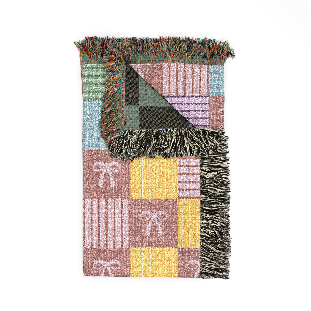 Cozy Patchwork & Pink Bows Woven Throw Blanket