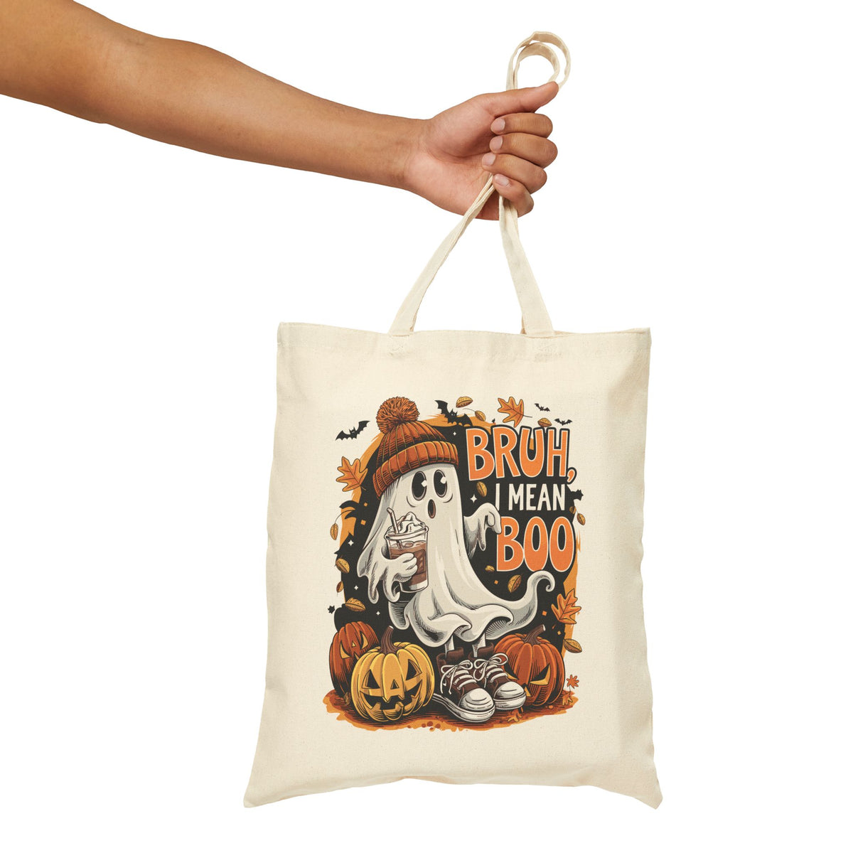 "Bruh, I Mean Boo" Cute Ghost Fall Aesthetic Cotton Canvas Tote Bag