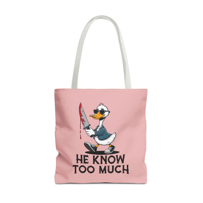 "He Know Too Much" Chaos Duck With Knife Funny Polyester Tote Bag