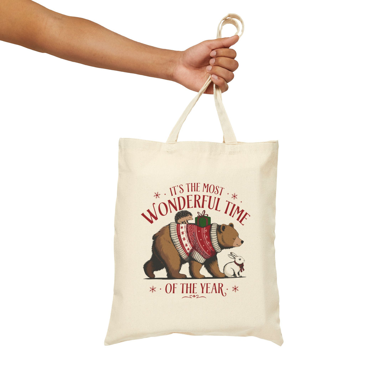 "It's The Most Wonderful Time Of The Year" Christmas Bear Cotton Canvas Tote Bag