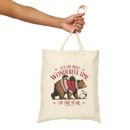 "It's The Most Wonderful Time Of The Year" Christmas Bear Cotton Canvas Tote Bag