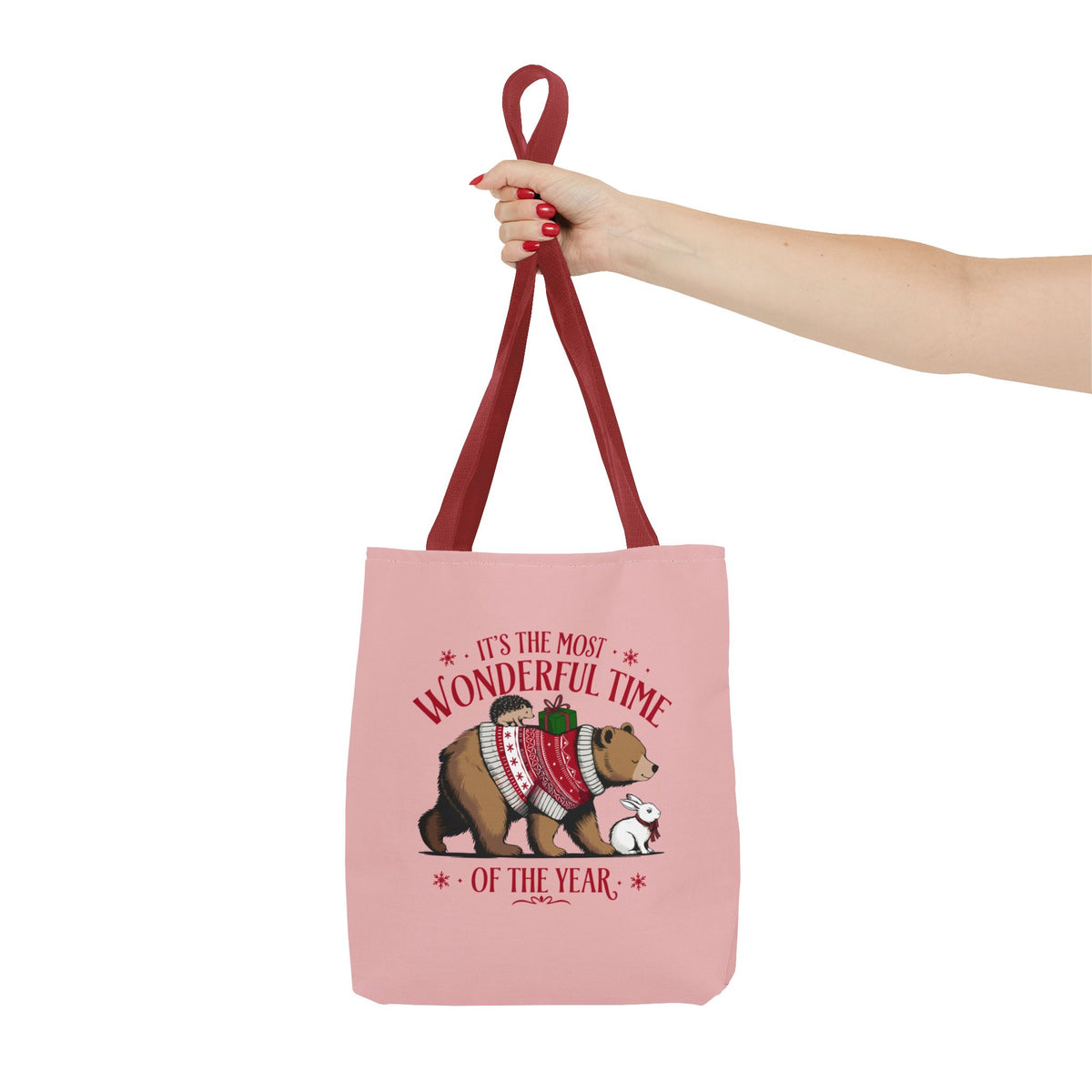 "It's The Most Wonderful Time Of The Year" Woodland Animals Holiday Sweater Polyester Tote Bag
