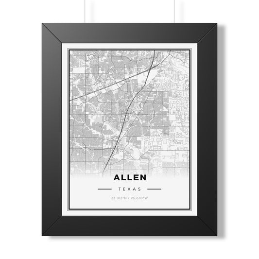 Allen, Texas Map Poster — Framed Vertical City Street Map Print