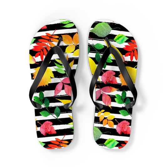Autumn Leaves on Black Stripes Flip Flops — Fall Sandals